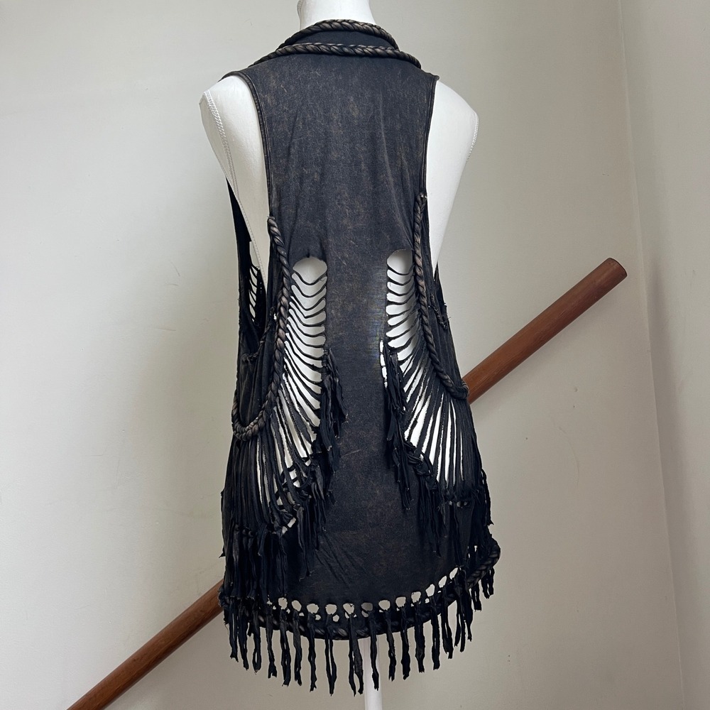 Rock & Roll Cowgirl Vest Large Black Braided Fringe Western Boho Edgy Festival - Picture 4 of 15